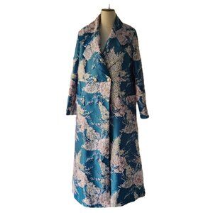 NWT! Elegant Long Blue Jacquard  and Brocade Coat